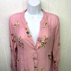 Olive Hill Womans Blouse Top M‎ Pink Embroidered Floral Hippie Boho Cottagecore